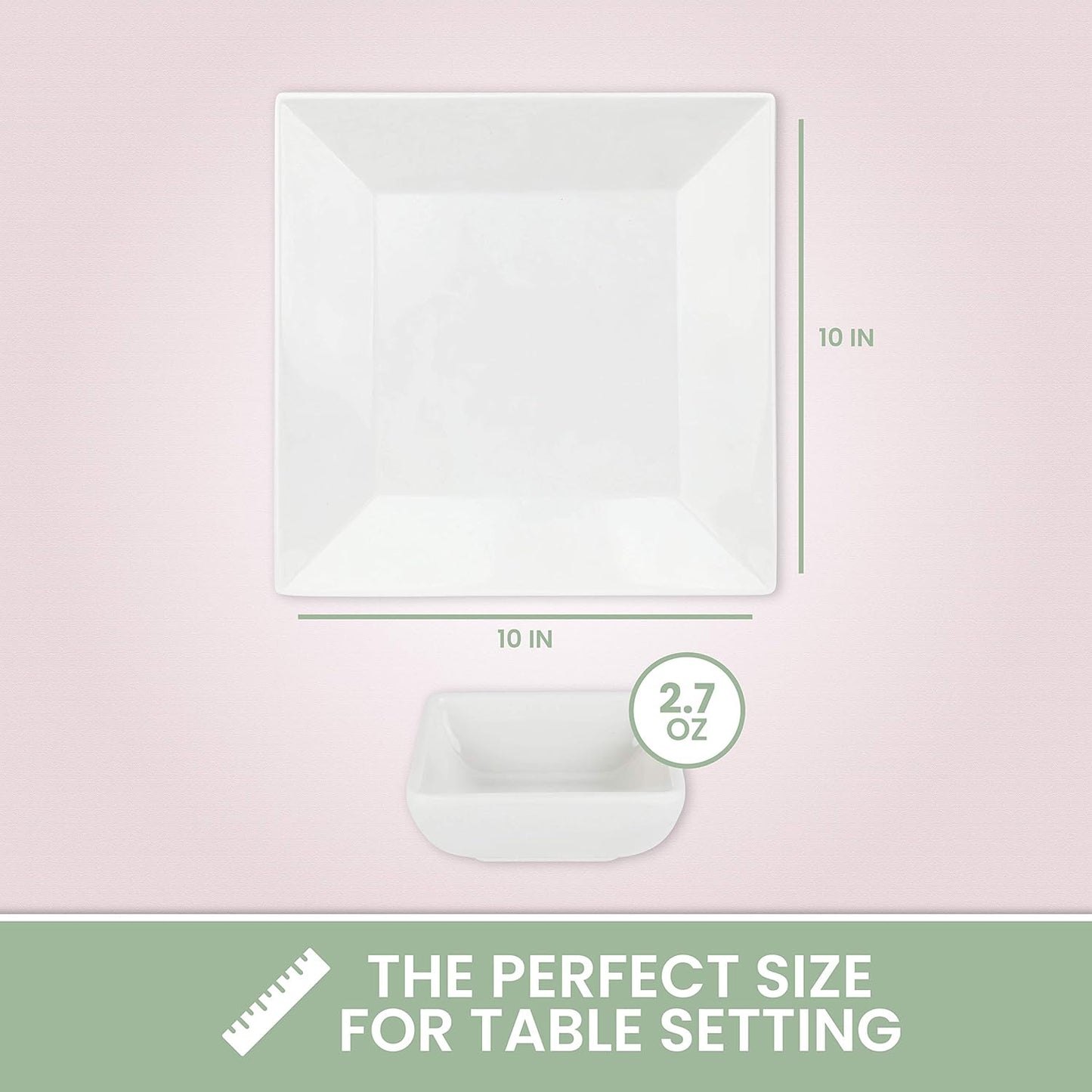 4-Pack of 10" x 10" White Square Melamine Plates - Durable and Elegant Dinnerware Set with Sauce Dish