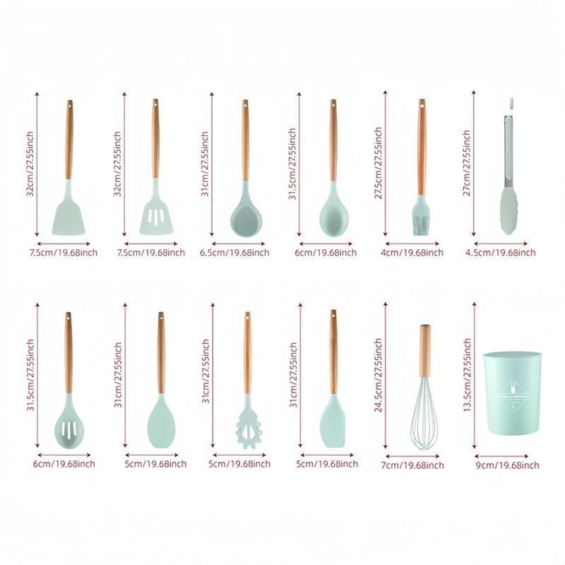 Silicone Kitchen Utensil Set, 12Pcs/Set Non-Stick Wooden Handle Durable Kitchen Cooking Utensil Set with Utensil Holder, Multifunctional Practical Food Grade Cookware for Baking Home