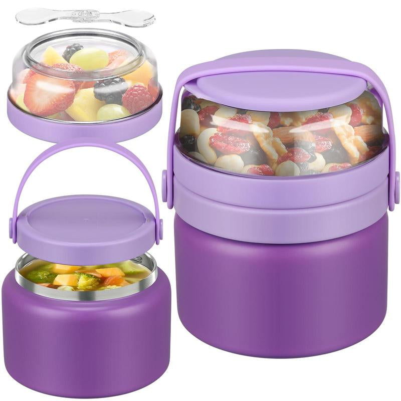Multifunctional 2 in 1 Vacuum Food Jar, 1 Count Stainless Steel Leak Proof Food Jar with Snack Container, Lunch Box for School Travel, Lunch Box for Kids