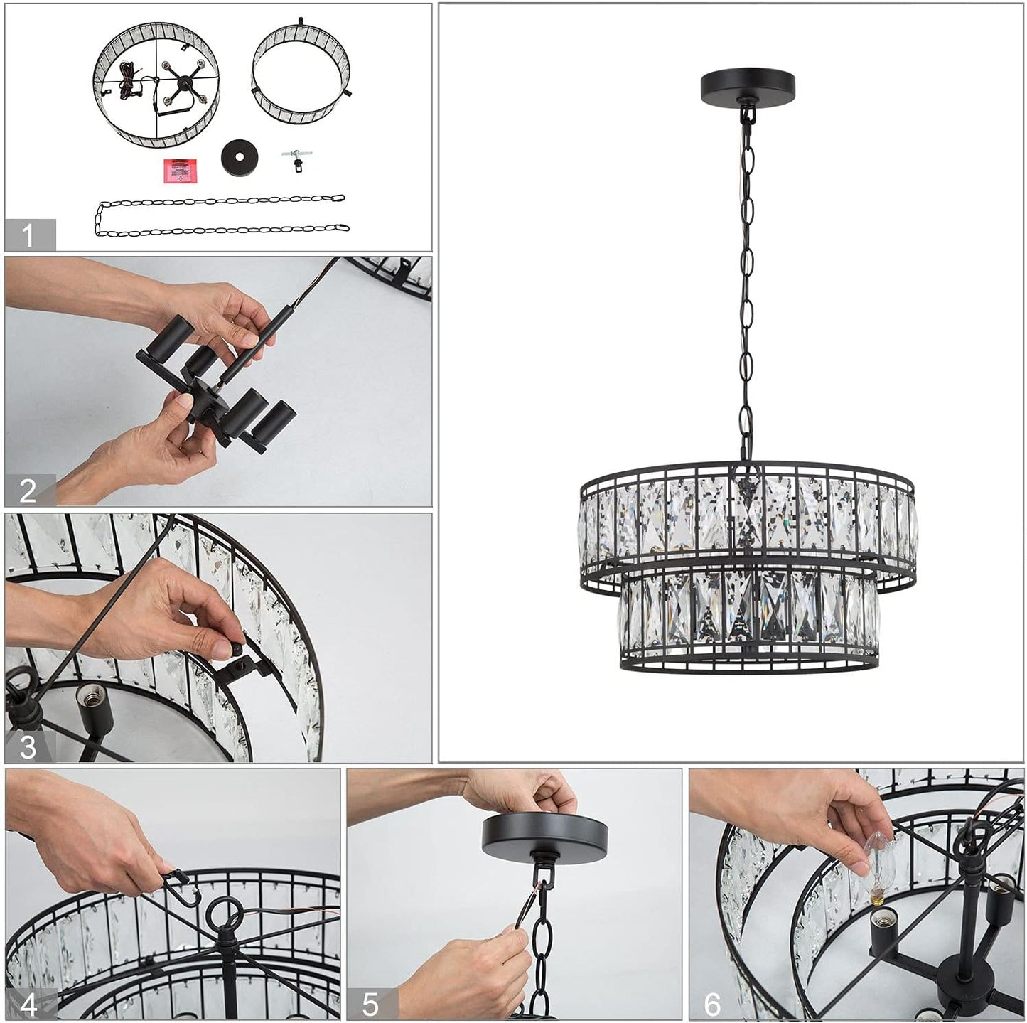 Elegant 4-Light Round Crystal Chandelier for Dining Room and Living Spaces, 2-Tier Design, 15.5" Diameter