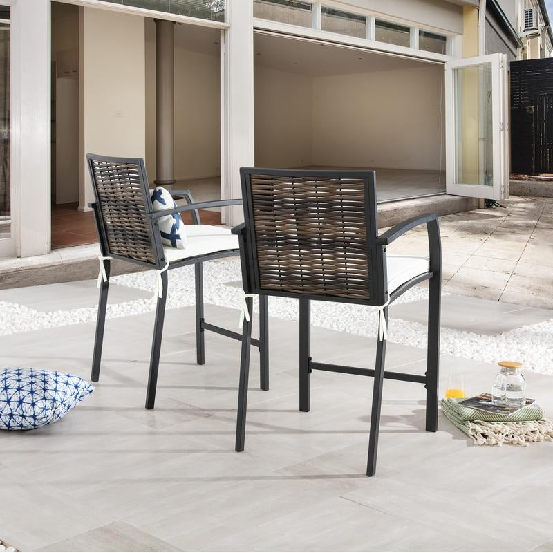 LOKATSE HOME 2 PCS Outdoor Patio Wicker Bar Stools, Height Chairs with Armrest and Cushion for Backyard Deck Lawn Garden