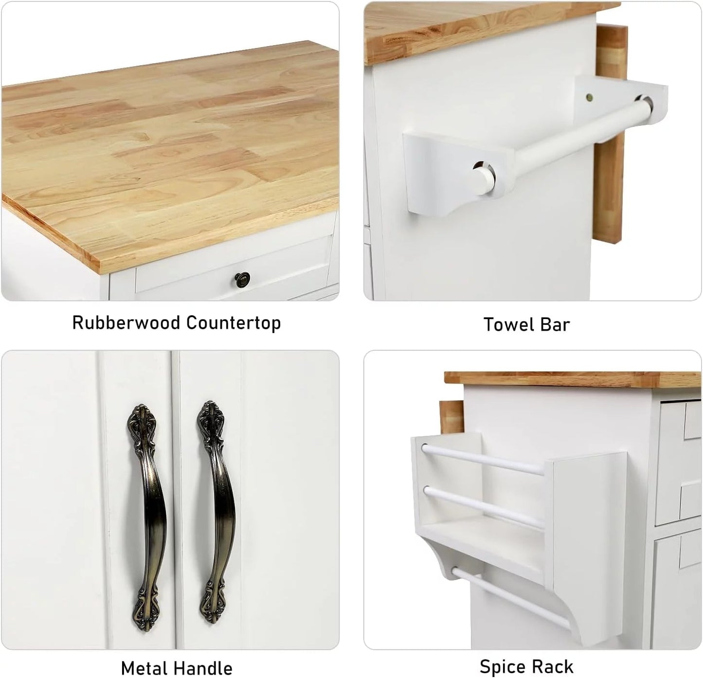 ANPOO Rolling Kitchen Island with Drop Leaf, Tilt Out Kitchen Trash Cabinet 10 Gallon Storage, Kitchen Cart Island with Rubber Wood Top, Spice Rack and Drawers(White)