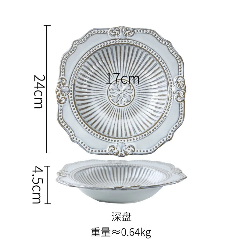 French Dinner Plates Set Luxury Tableware Bowl Set Household Retro Ceramic Dinnerware Bowl Plate Bowl Set Kitchen Supplies
