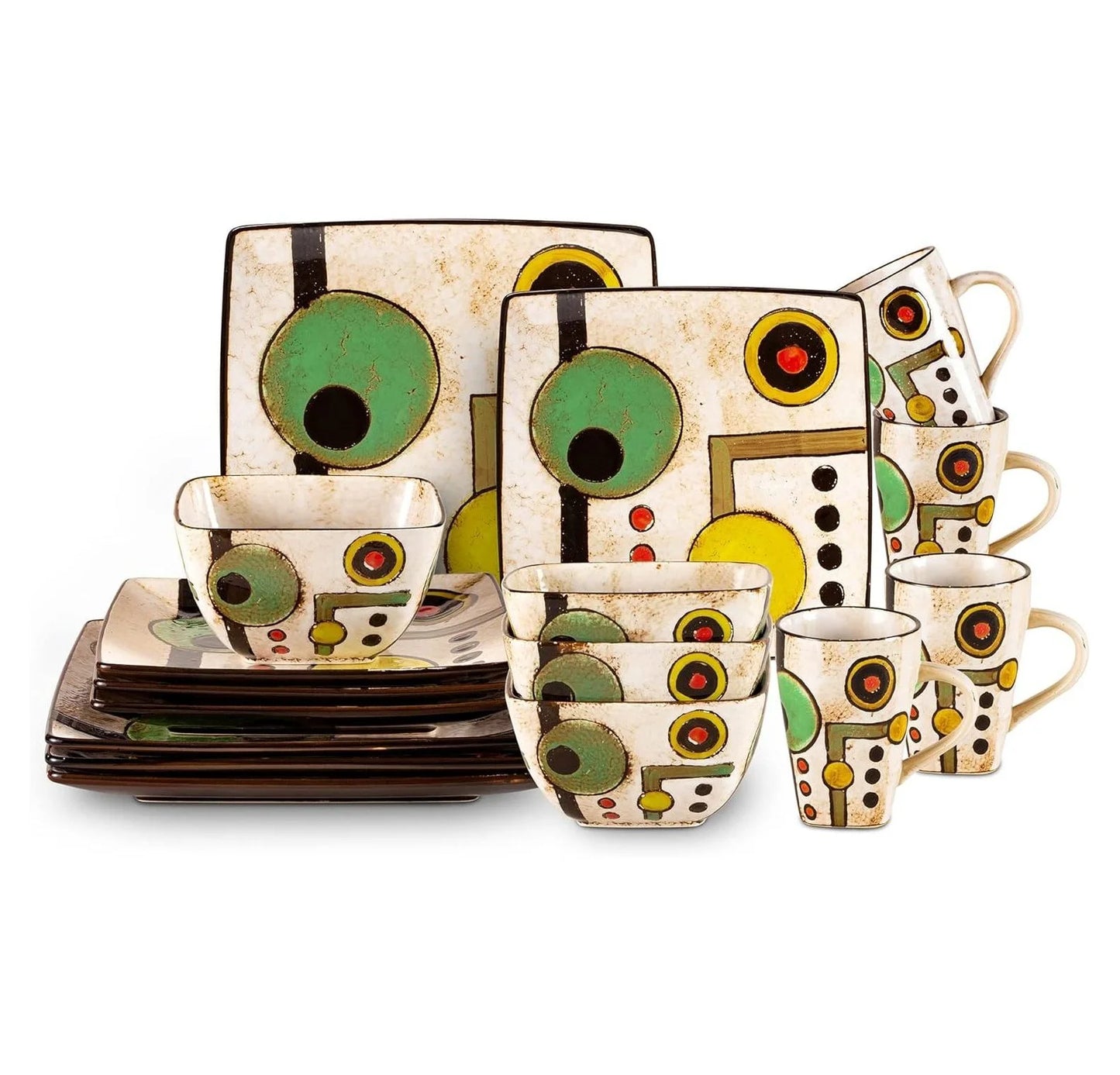 Codyinfi, Stoneware Artisan Hand Painted Impressionism Pond, Reactive Glaze 16Pc Dinnerware Set, 16Pc Set