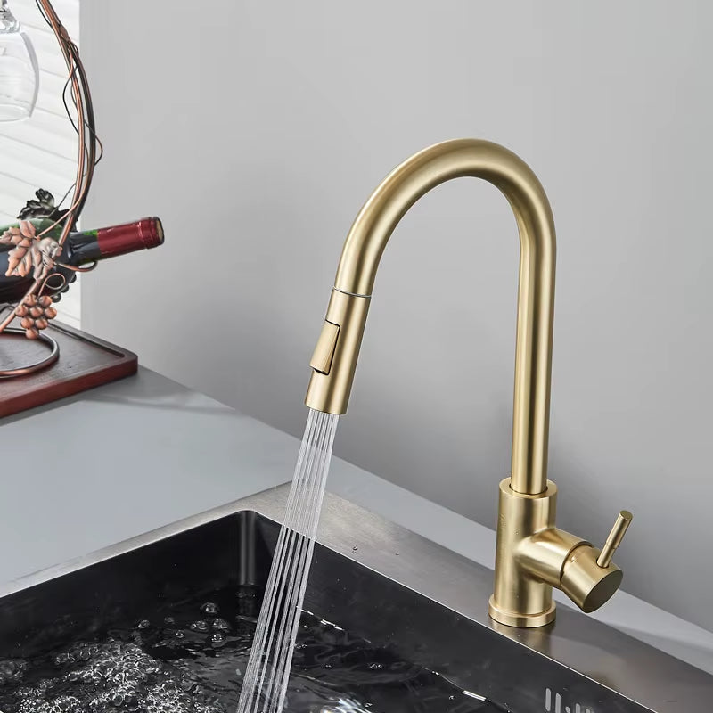Kitchen Faucet Brushed Gold Pull Out Kitchen Sink Water Tap Single Handle Mixer Tap 360 Rotation Kitchen Shower Faucet