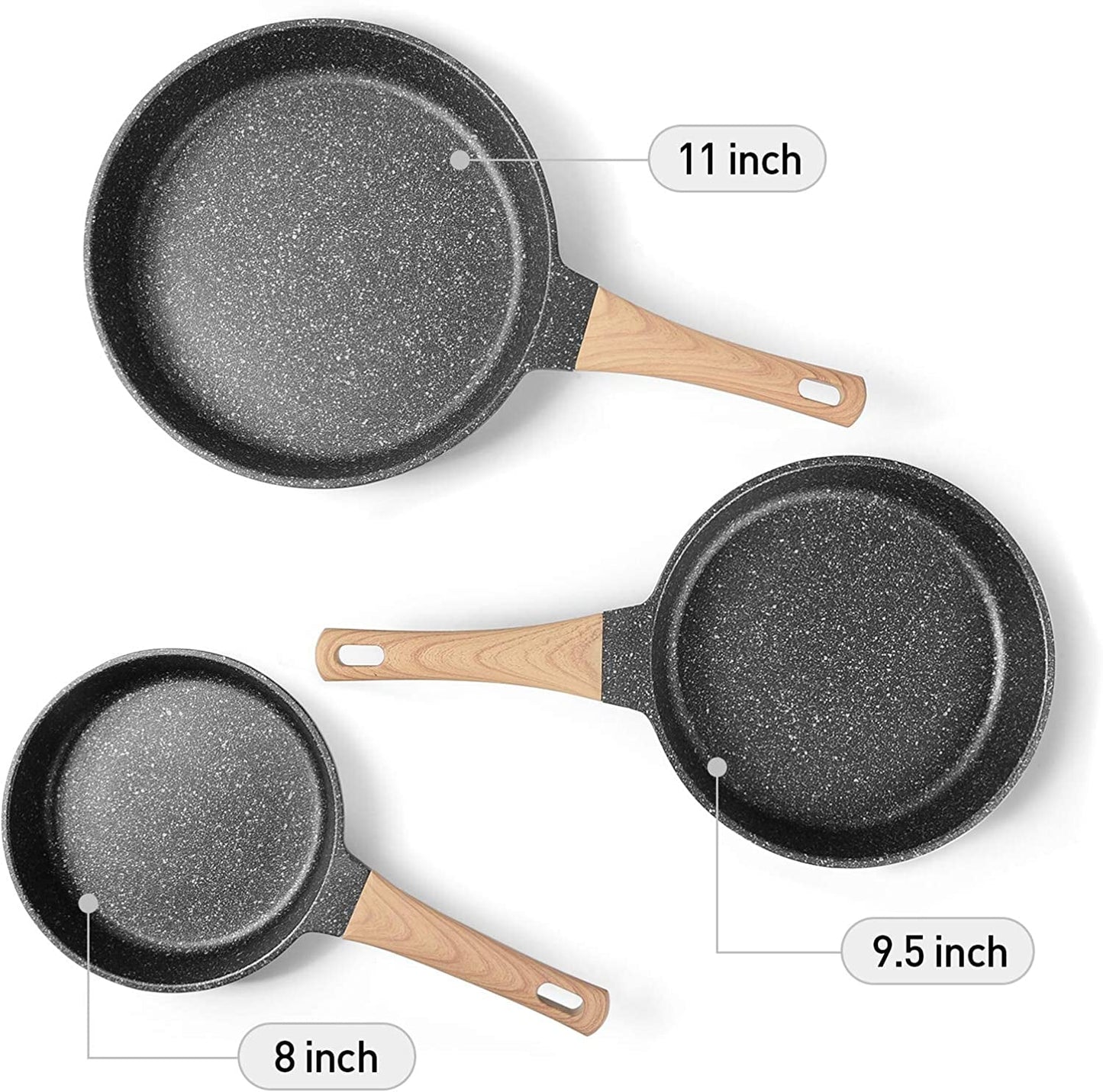Granite Nonstick Induction Frying Pan Set with Heat-Resistant Handle - Ideal Christmas Gift for Women (8", 9.5", & 11")