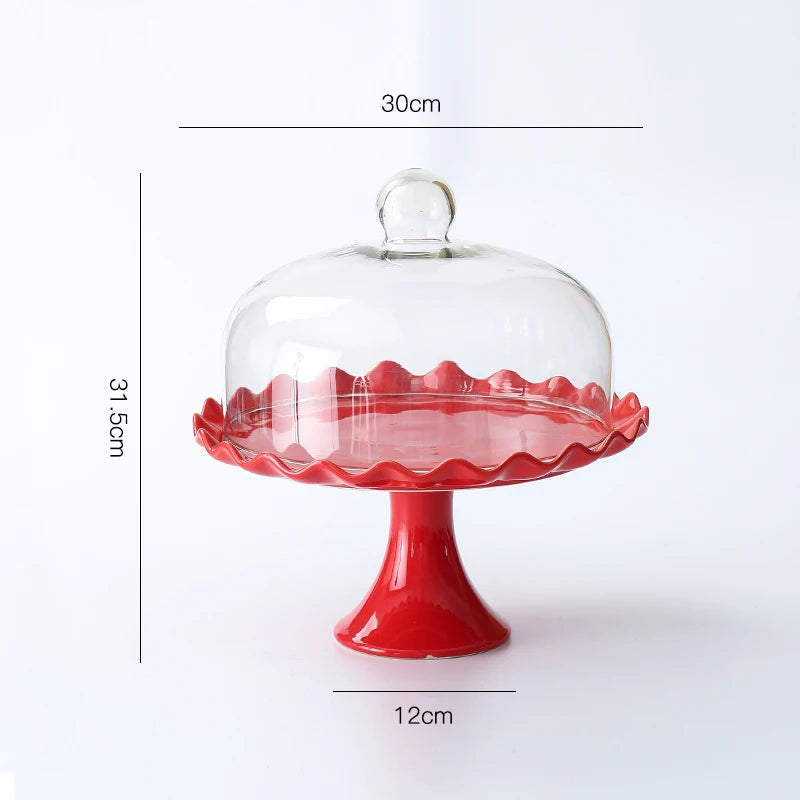 Ceramic tall cake tray bread dessert table display stand wedding red afternoon tea glass cover