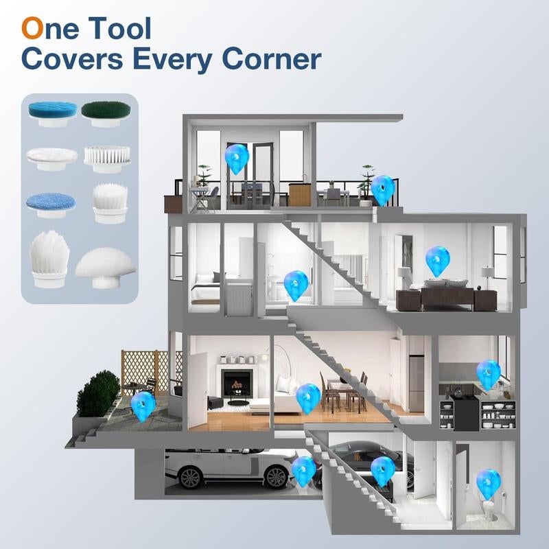 8-in-1 Electric Spin Bathroom Scrubber with Holder and Charger, Long Handle Cleaning Brush for Kitchen and Floor Maintenance