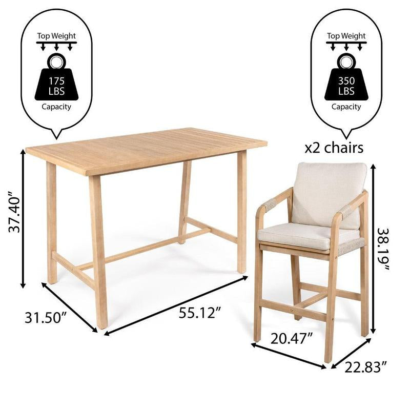 JONATHAN Y Porto Modern Coastal 3-Piece Acacia Wood Outdoor Bar Set with Cushions