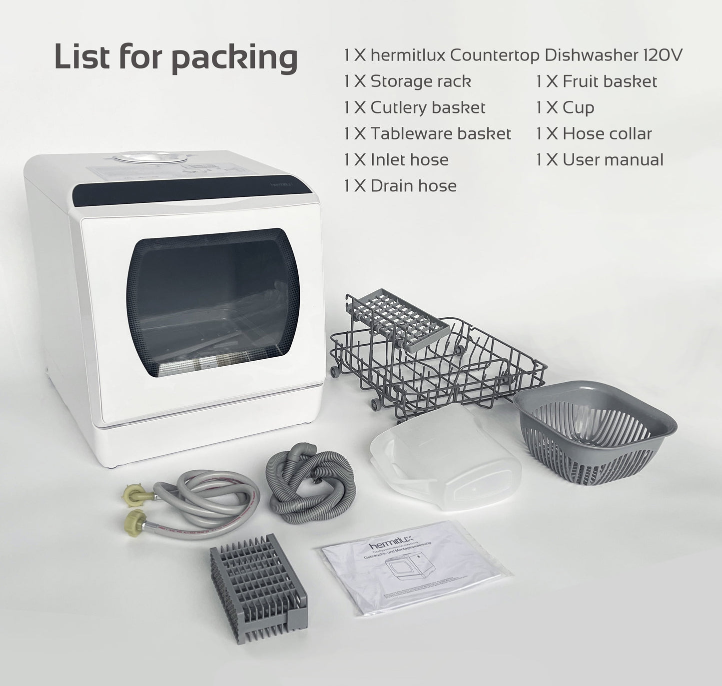 Hermitlux Portable Countertop Dishwasher, 5 Washing Programs, 5L Built-In Water Tank and Air-Dry Function, HMX-DW03
