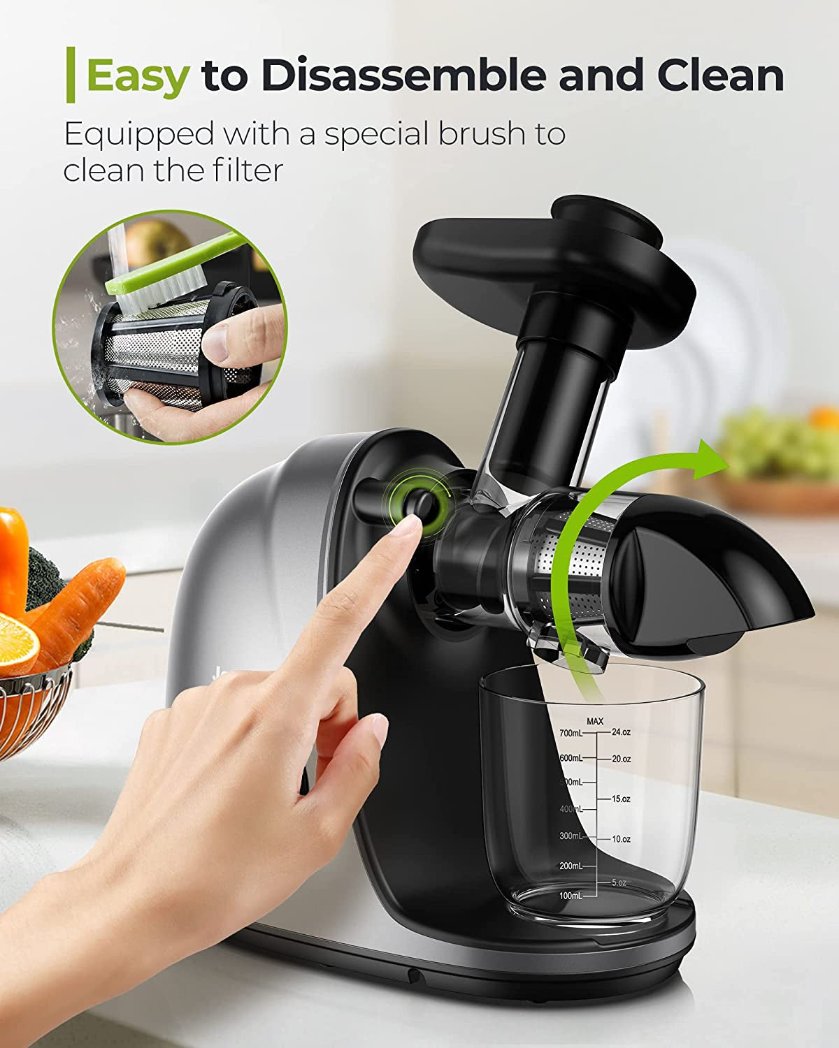 Jocuu Slow Masticating Juicer - High Juice Yield, Easy to Clean, Quiet Operation, with Soft & Hard Modes, Includes Brush & Recipes (Grey)