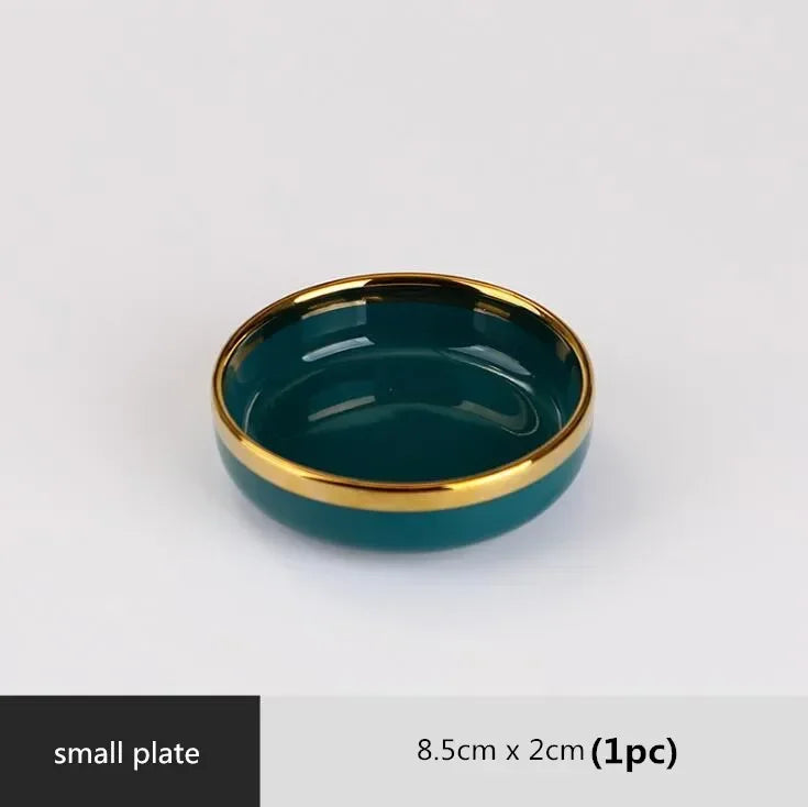 Gilt Rim Green Ceramic Plate Steak Food Plates Bowls Ins Dinner Dish Luxurious Porcelain Dinnerware Set for Family Hotel
