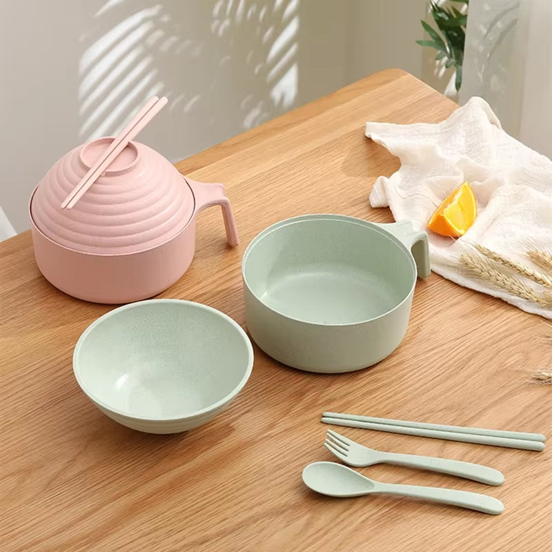5-Piece Wheat Straw Multifunctional Dinnerware Set with Lid, Spoon, Fork, and Chopsticks - Microwavable Anti-Hot Bowls