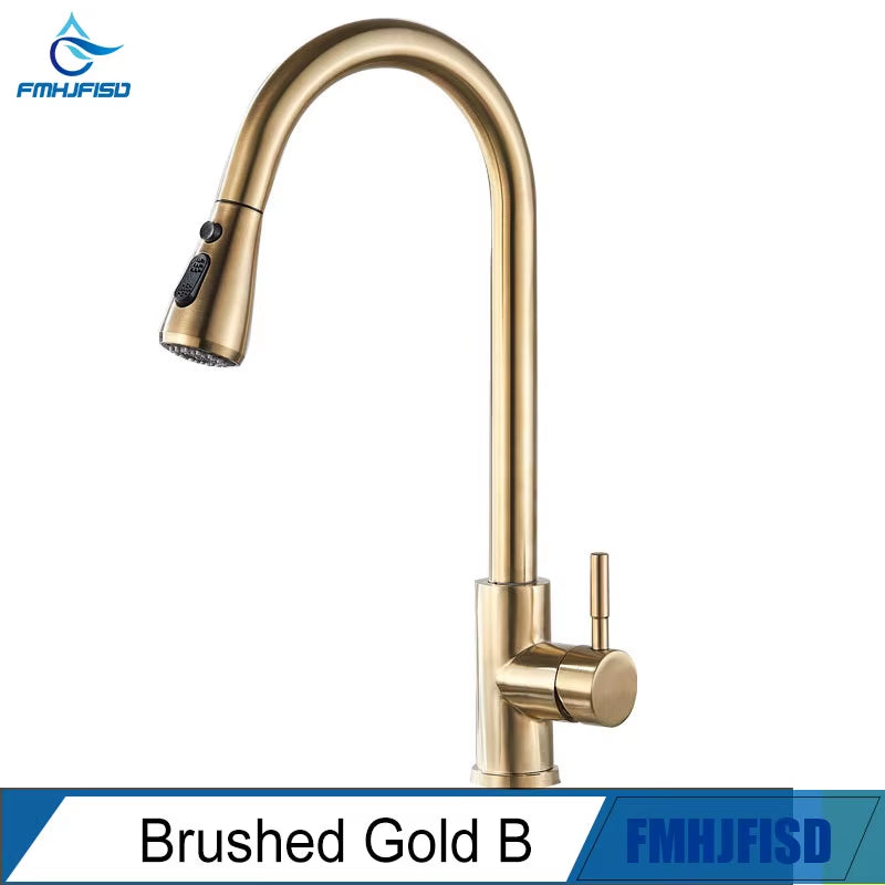 Kitchen Faucet Brushed Gold Pull Out Kitchen Sink Water Tap Single Handle Mixer Tap 360 Rotation Kitchen Shower Faucet