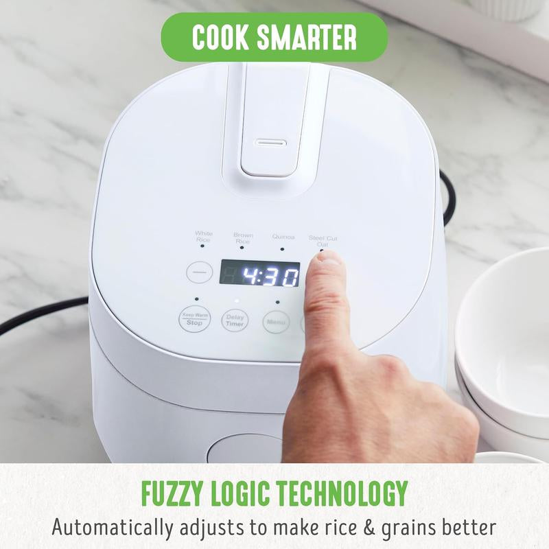 4-Cup Digital Rice Cooker with Removable Ceramic Pot - PFAS & PFOA-Free, Dishwasher Safe, Healthy Cooking for Oats and Grains, Auto Presets, Touch Screen, Delay Function, Keep Warm Feature, Includes Paddle, White