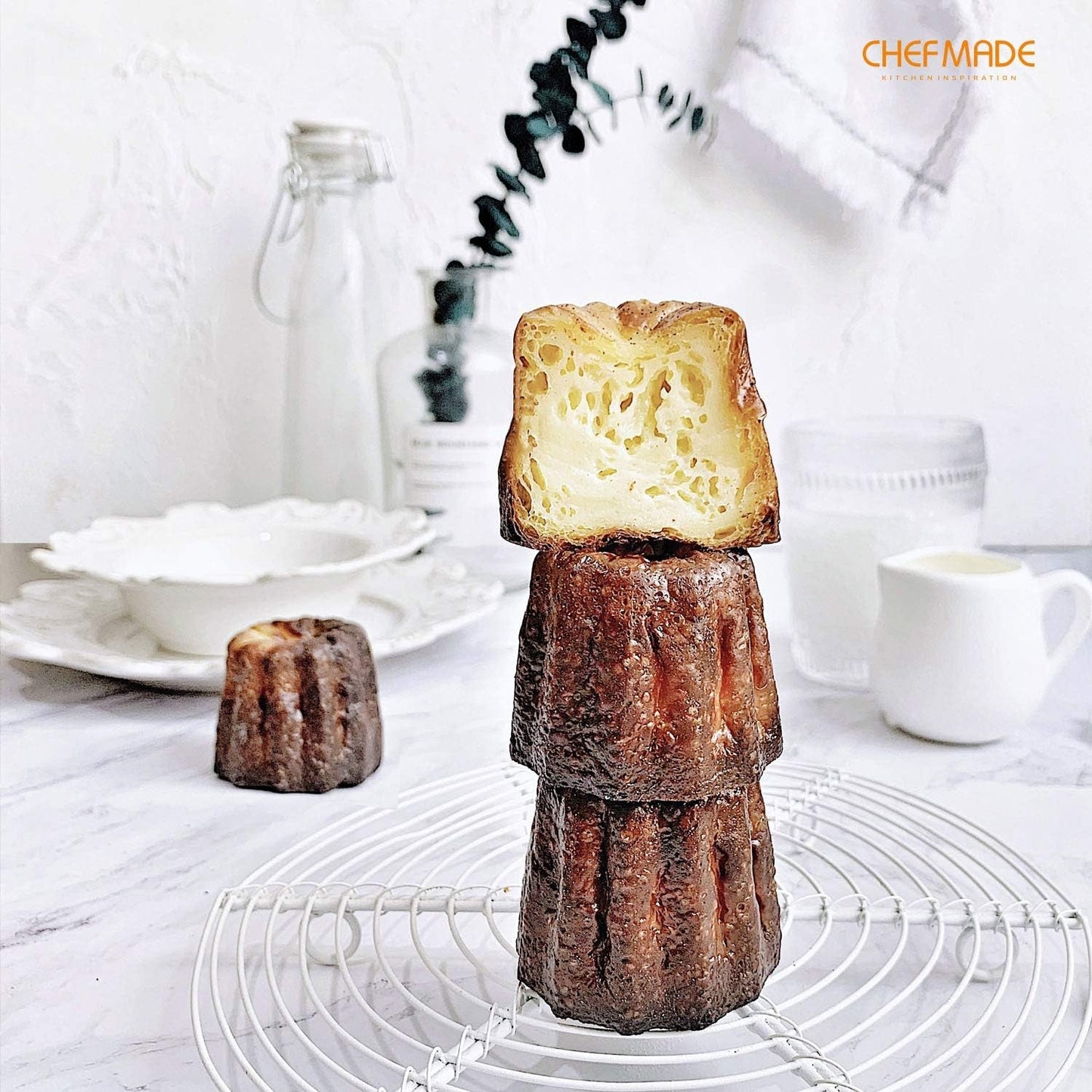 CHEFMADE Non-Stick Canele Mold Cake Pan - 12-Cavity Bakeware for Muffins and Cupcakes, Oven Safe in Champagne Gold