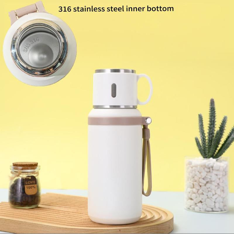 Stainless Steel Vacuum Flask, 1 Count Tea Separation Insulated Bottle with Cup Lid & Rope, Drinking Cup for Outdoor, Cycling, Hiking, Office