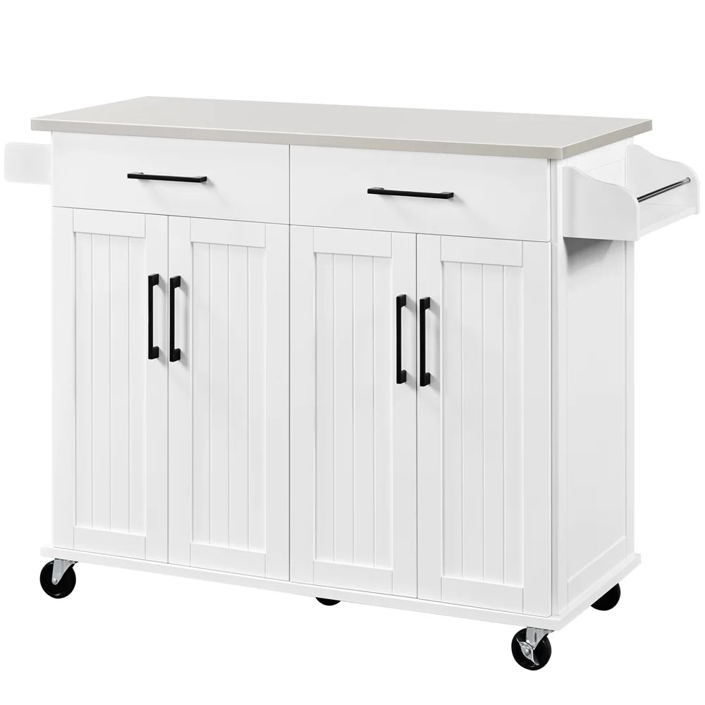 Renwick 42-Inch Mobile Kitchen Island with Storage Drawers and Cabinets in White