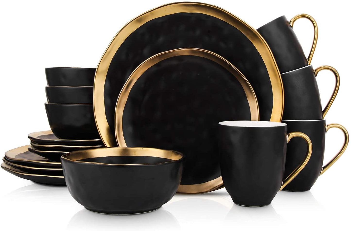 Stone Lain Florian Contemporary 16-Piece Porcelain Dinnerware Set with Black and Gold Rim for Four