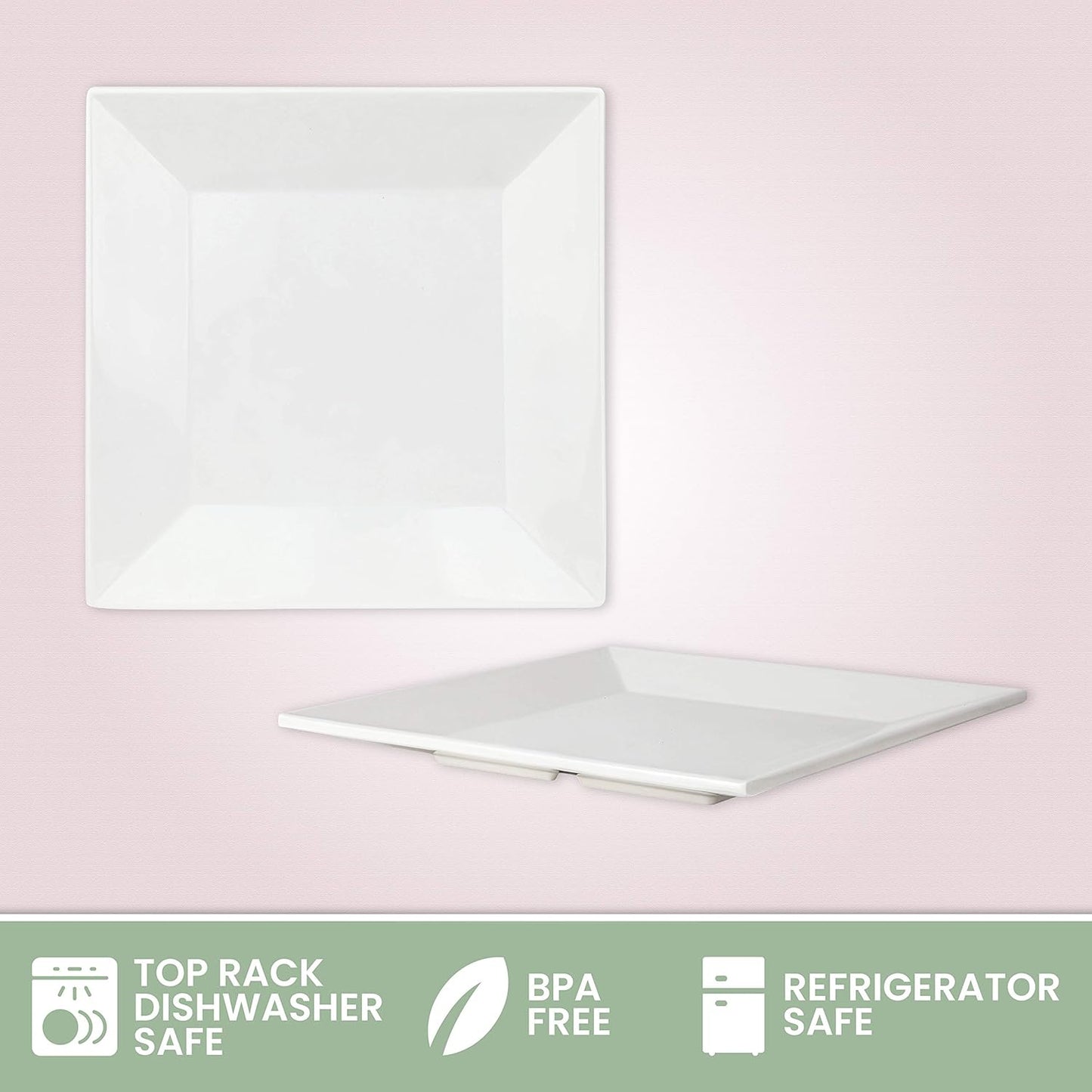 4-Pack of 10" x 10" White Square Melamine Plates - Durable and Elegant Dinnerware Set with Sauce Dish