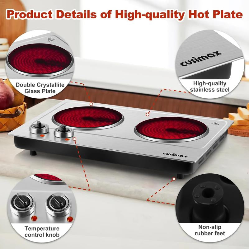Cusimax 1800W Infrared Dual Burner Electric Cooktop, Dual 7 Inch Ceramic Glass Hot Plates, Easy to Clean and Safe Hot Plates