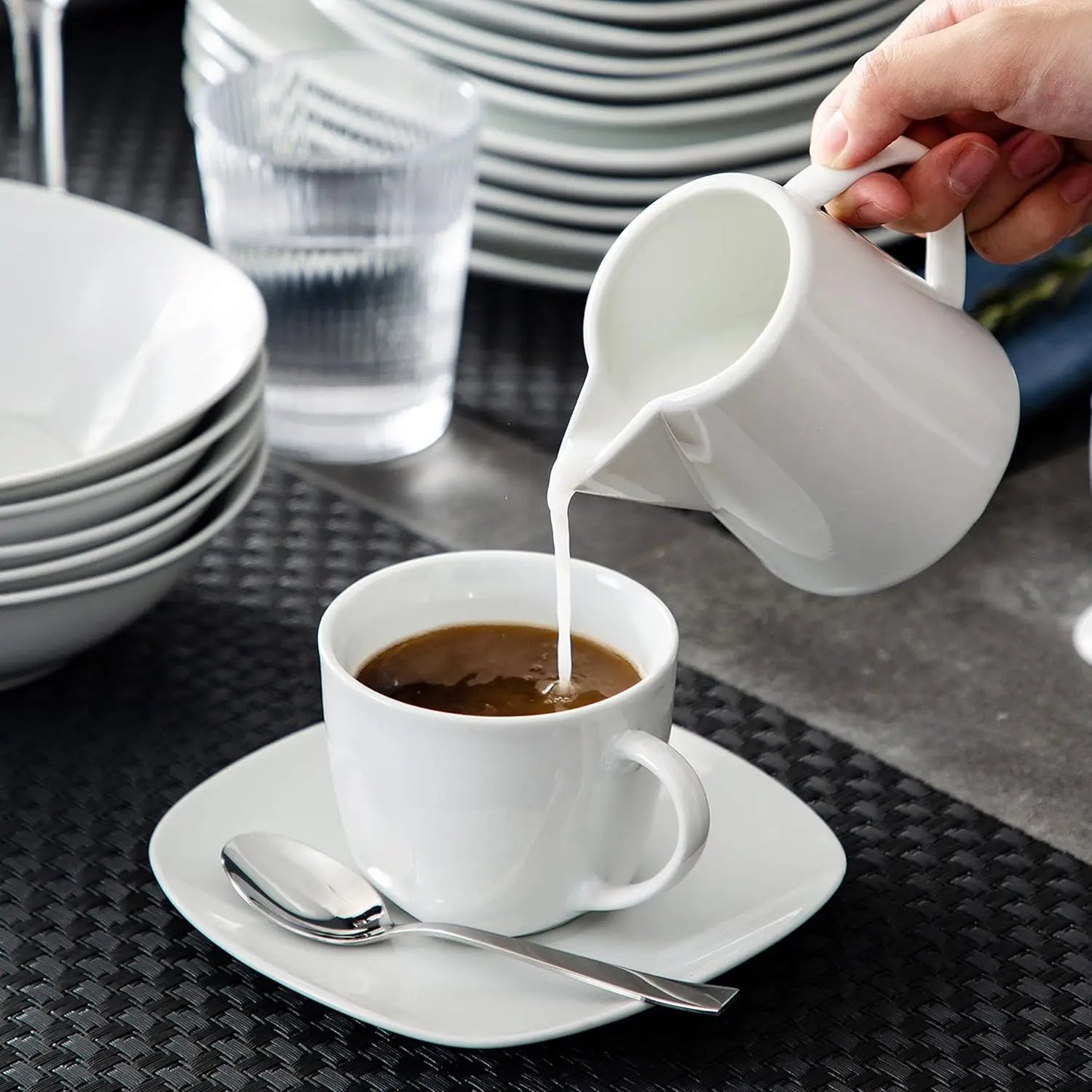 Dinnerware Sets 100-Piece Grey White Dish Set for 12 Square Dinner Set with Plates and Bowls Cups and Saucers Egg Cups Sugar Pot