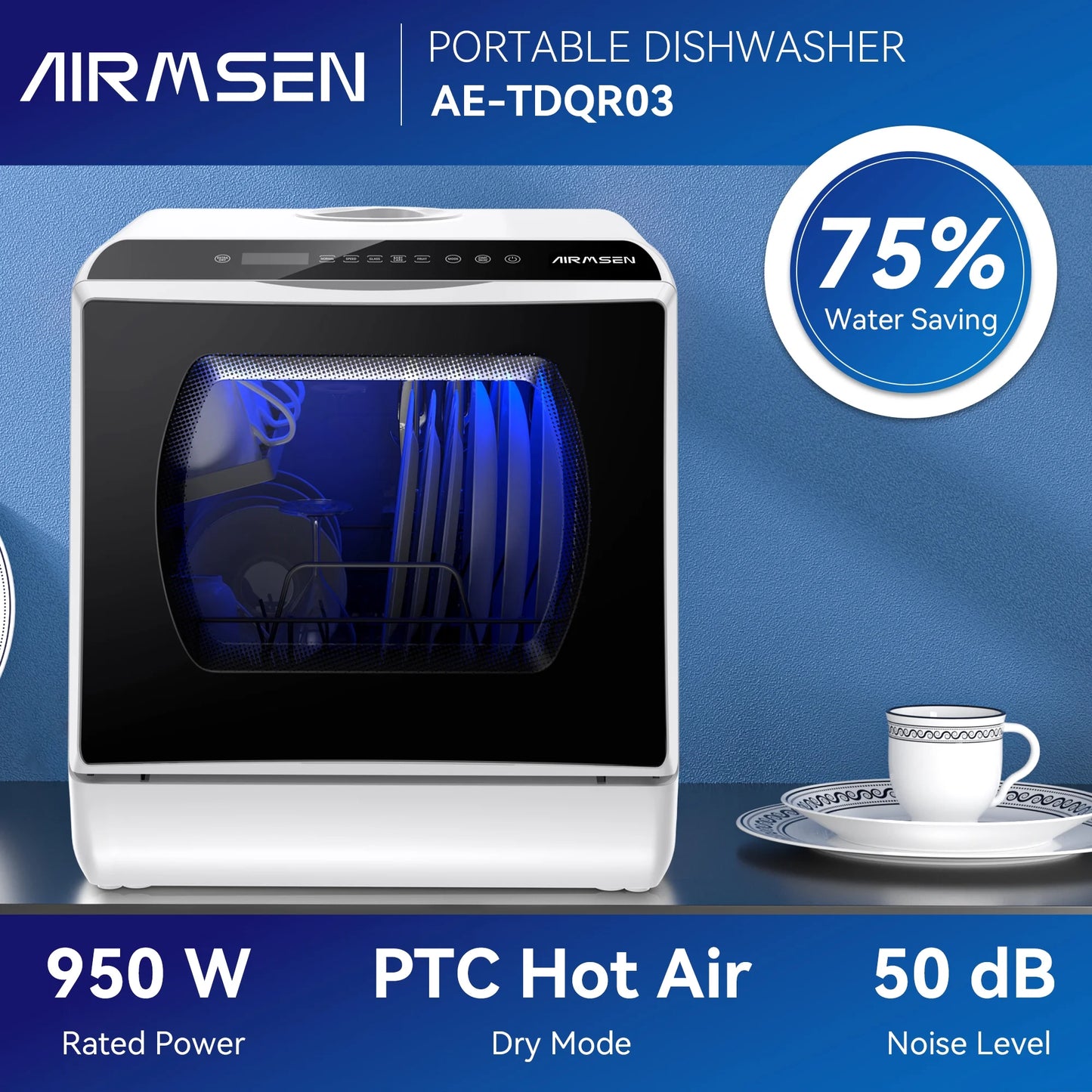 AIRMSEN Portable Countertop Dishwasher with 5-Liter Built-In Water Tank and Air-Dry Function, 5 Washing Programs Mini Dishwasher, AE-TDQR03