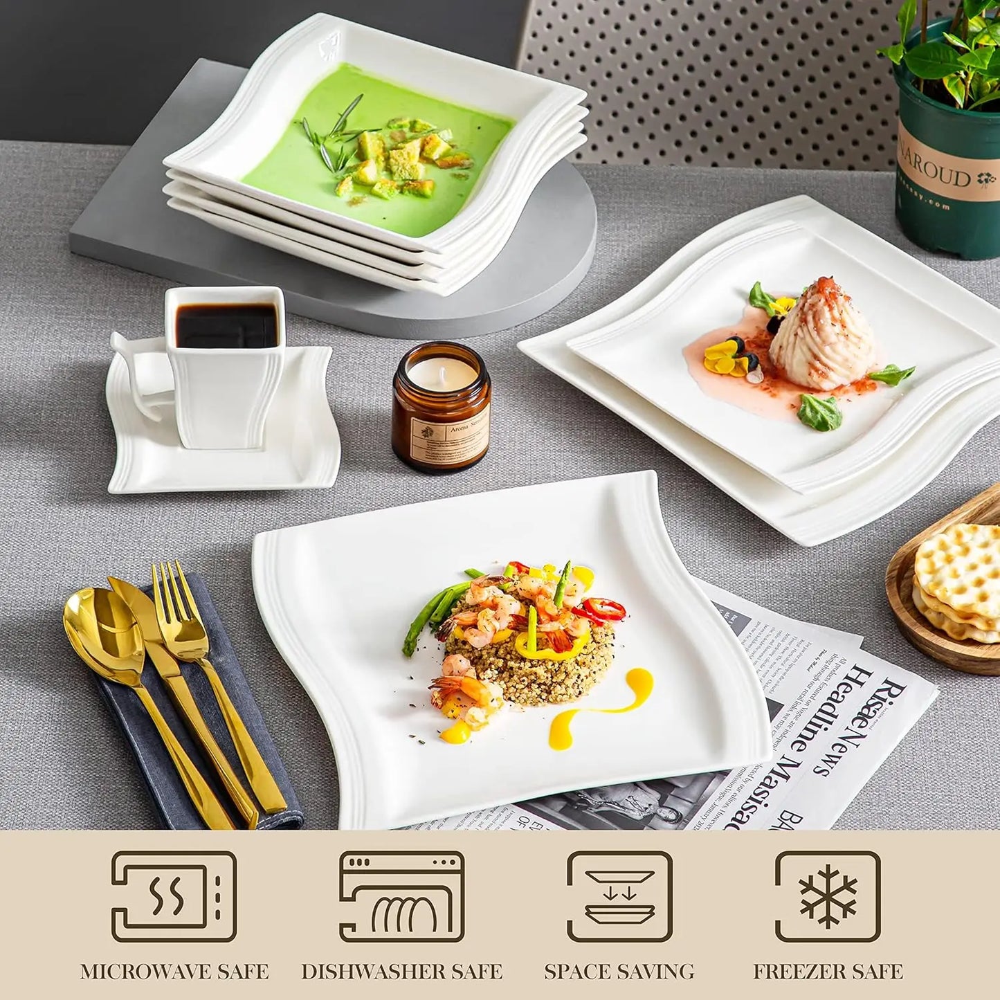Ivory White Dinnerware Sets 60 Piece Kitchen Plates and Bowls Sets for 12 Porcelain Dish Set with Dinner Plates Set Cups