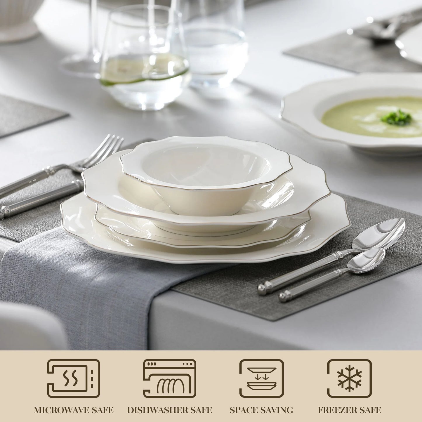 MALACASA Series LOTUS, 16-Piece Bone China Dinnerware Set, White with Golden Rim Dinner Sets, Service for 4