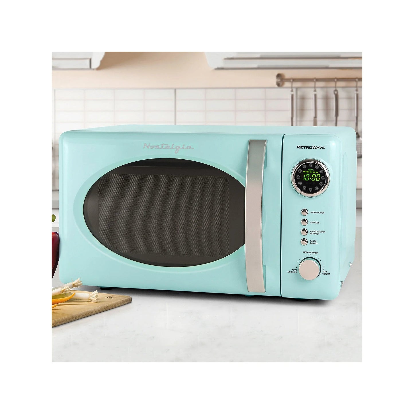 Nostalgia 0.7 Cu. Ft. 700-Watt Countertop Microwave Oven in Aqua, Model RMO7AQ