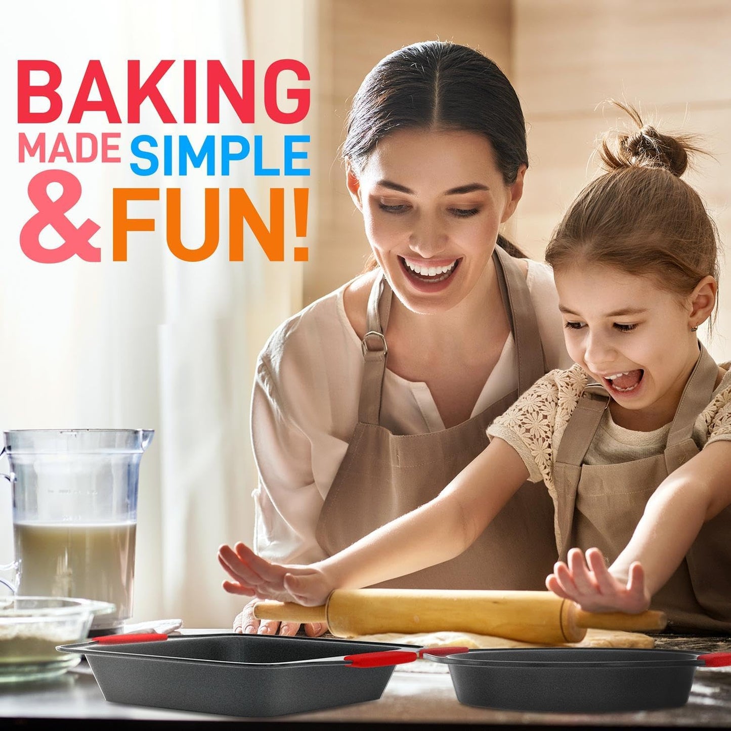 Nutrichef Deluxe Non-Stick Baking Pans Set - 8 Piece Commercial Grade Bakeware with Stylish Gray Coating and Red Silicone Handles