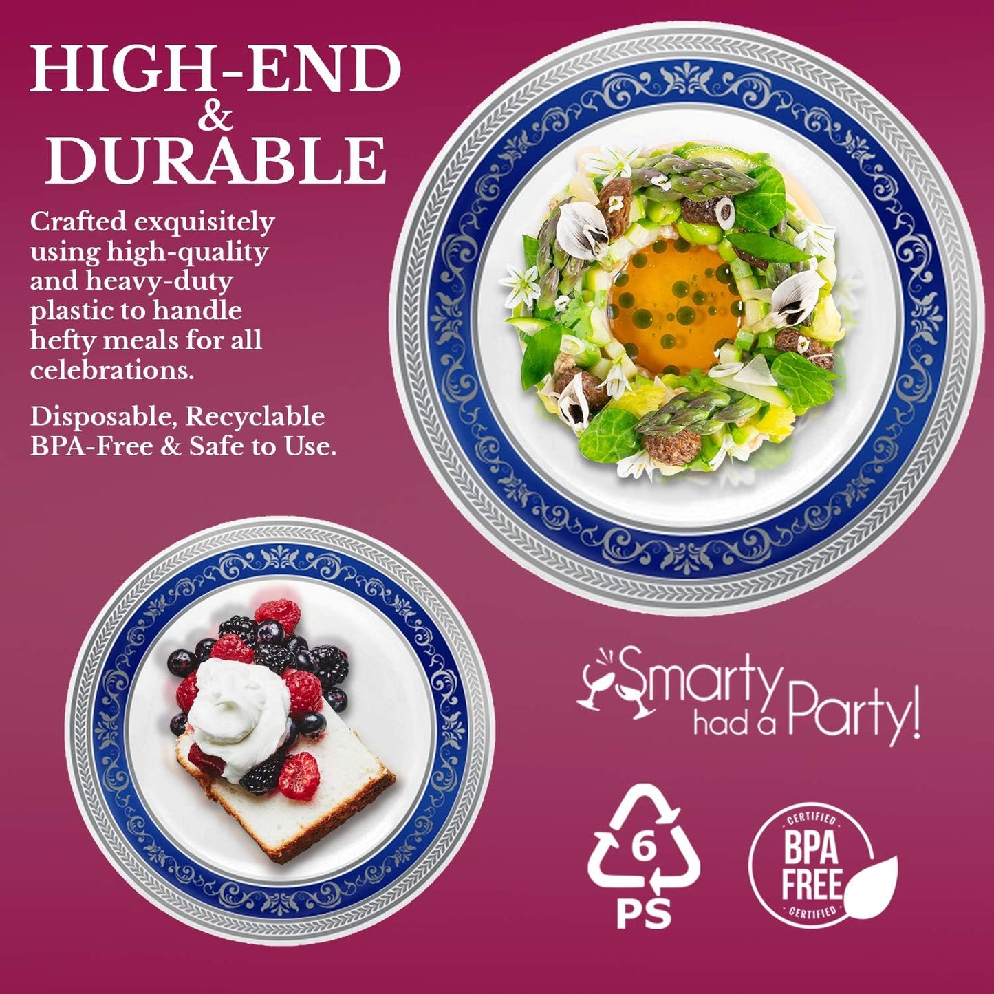 Elegant Disposable Plastic Plates - 240 Count, 120 Heavy-Duty Dinner Plates & 120 Dessert/Salad/Appetizer Plates, White with Blue & Silver Royal Rim, Ideal for Weddings, Birthday Parties & All Occasions