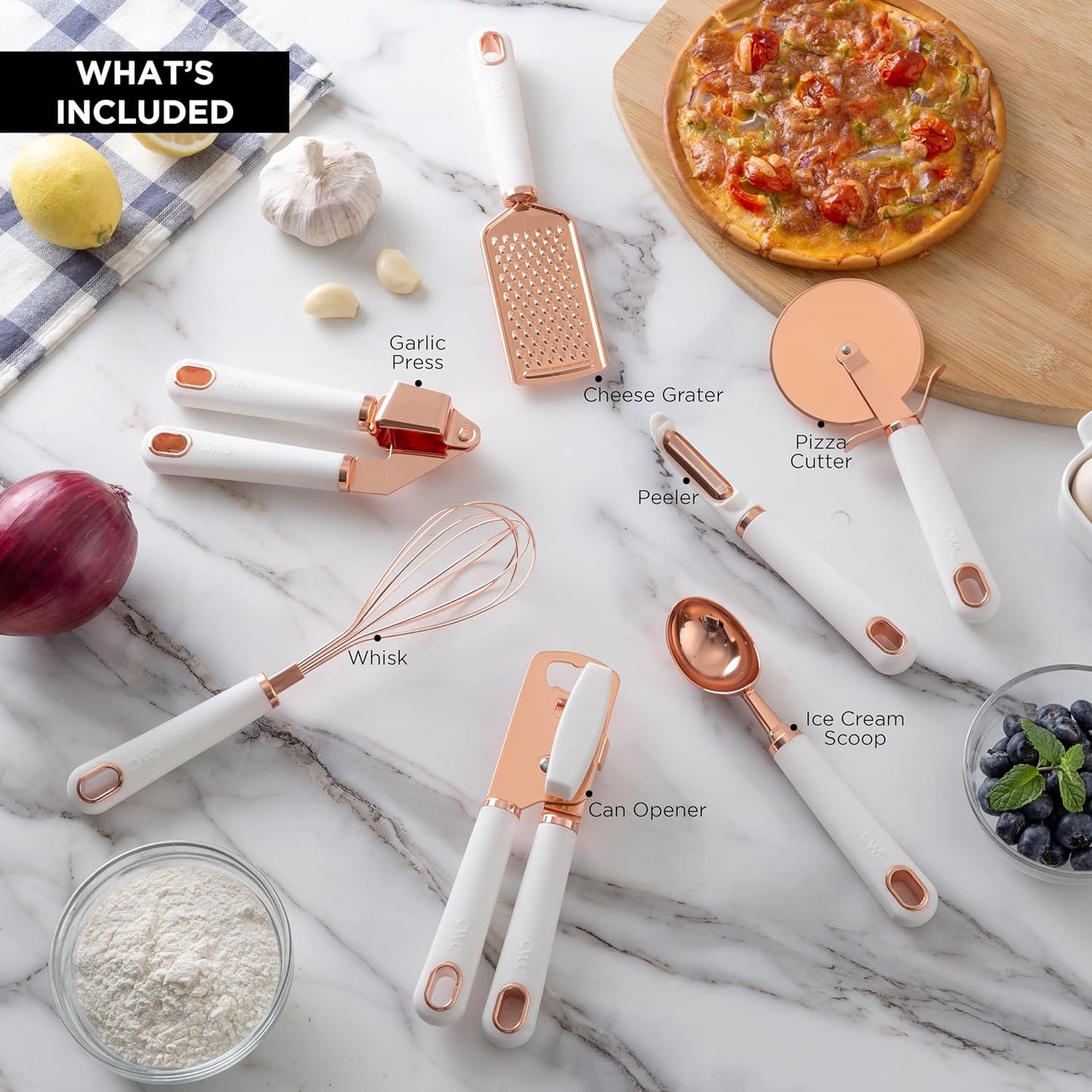 Upgrade Your Cooking Game with Our 7-Piece Stainless Steel Kitchen Gadget Set! Soft Touch Handles in Stylish Copper & White! 🍳✨