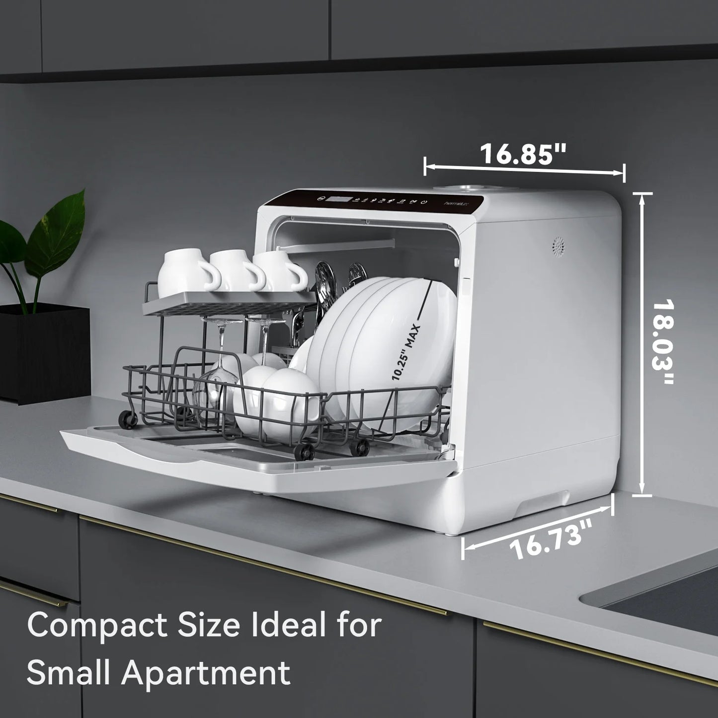 Hermitlux Portable Countertop Dishwasher, 5 Washing Programs, 5L Built-In Water Tank and Air-Dry Function, HMX-DW03