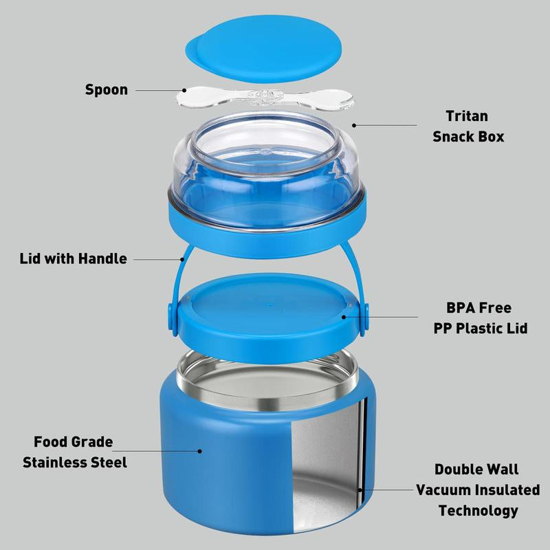 Multifunctional 2 in 1 Vacuum Food Jar, 1 Count Stainless Steel Leak Proof Food Jar with Snack Container, Lunch Box for School Travel, Lunch Box for Kids