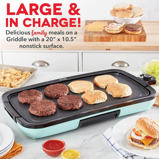 DASH Deluxe Electric Griddle - 1500W Nonstick Plate for Perfect Pancakes, Burgers & More - Easy Clean with Drip Tray & Recipe Book - Aqua 20” x 10.5”