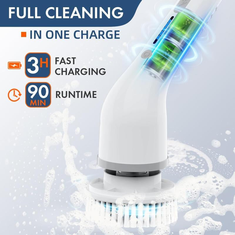 8-in-1 Electric Spin Bathroom Scrubber with Holder and Charger, Long Handle Cleaning Brush for Kitchen and Floor Maintenance