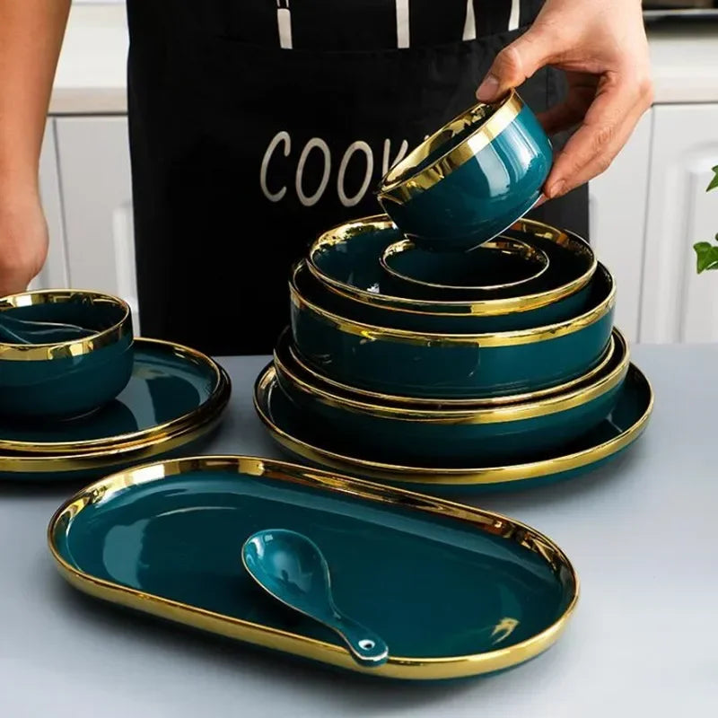 Gilt Rim Green Ceramic Plate Steak Food Plates Bowls Ins Dinner Dish Luxurious Porcelain Dinnerware Set for Family Hotel