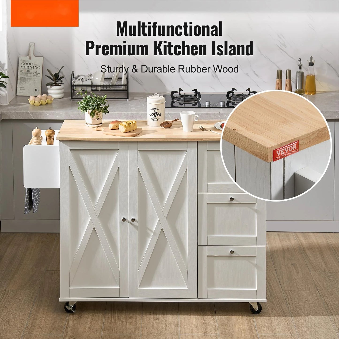 BENTISM 45.3-Inch Multifunctional Kitchen Island with Convenient Drawer and Adjustable Rack in Elegant White Finish