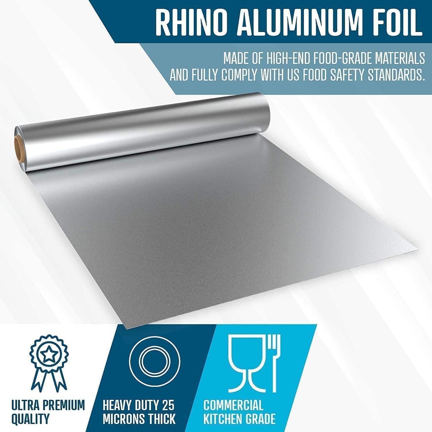 Rhino Heavy-Duty Commercial Grade Aluminum Foil - 18" x 525 ft Roll, 25 Microns Thick, Perfect for Food Service Applications (Single Roll)