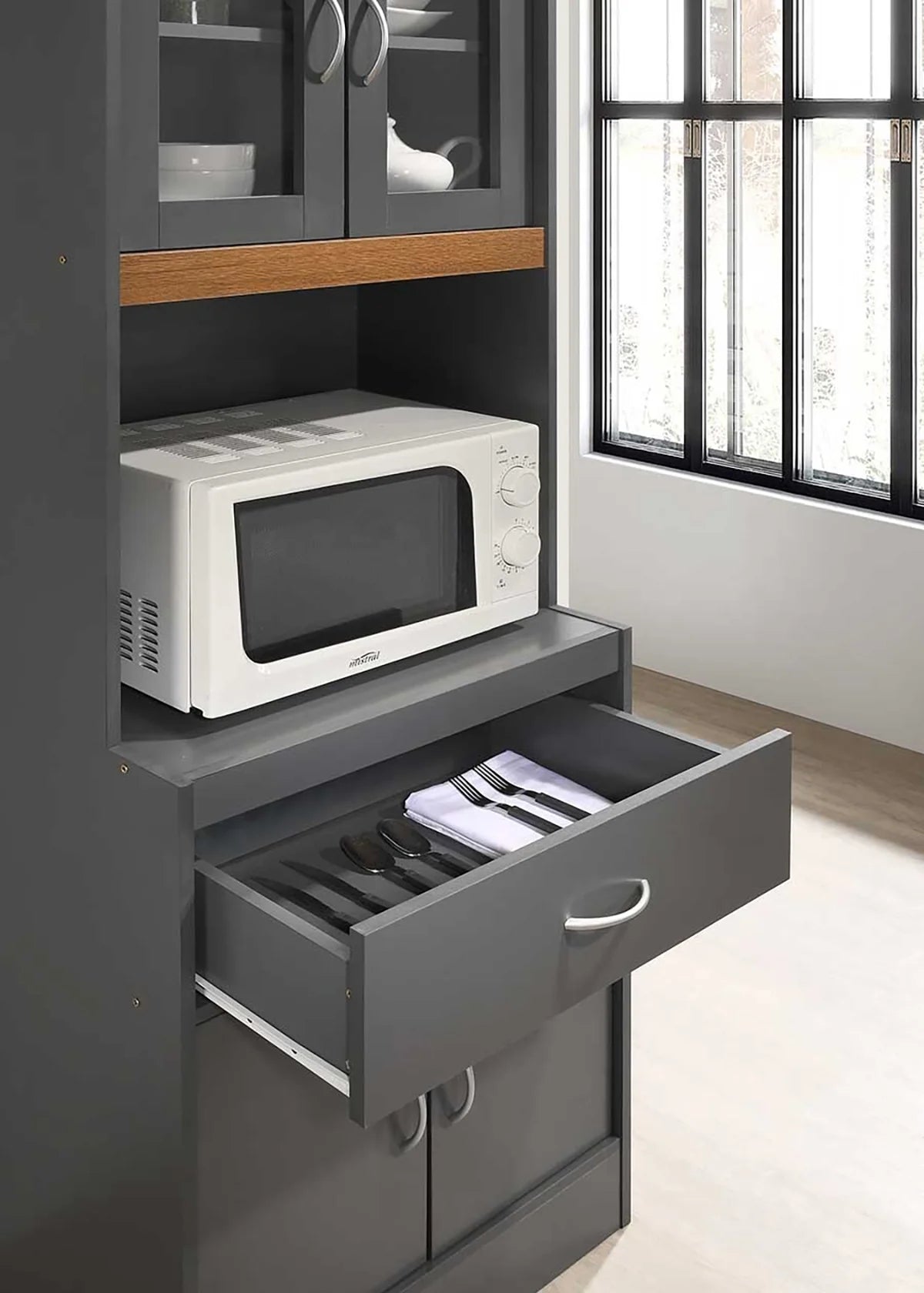 Hodedah Grey-Oak Kitchen Cabinet with One Drawer and Microwave Space