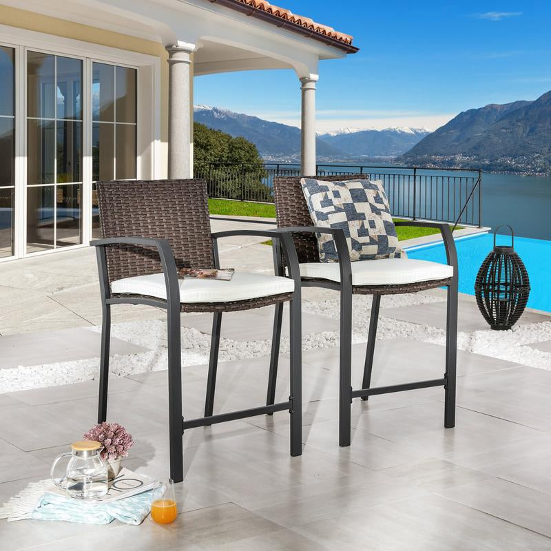 LOKATSE HOME 2 PCS Outdoor Patio Wicker Bar Stools, Height Chairs with Armrest and Cushion for Backyard Deck Lawn Garden