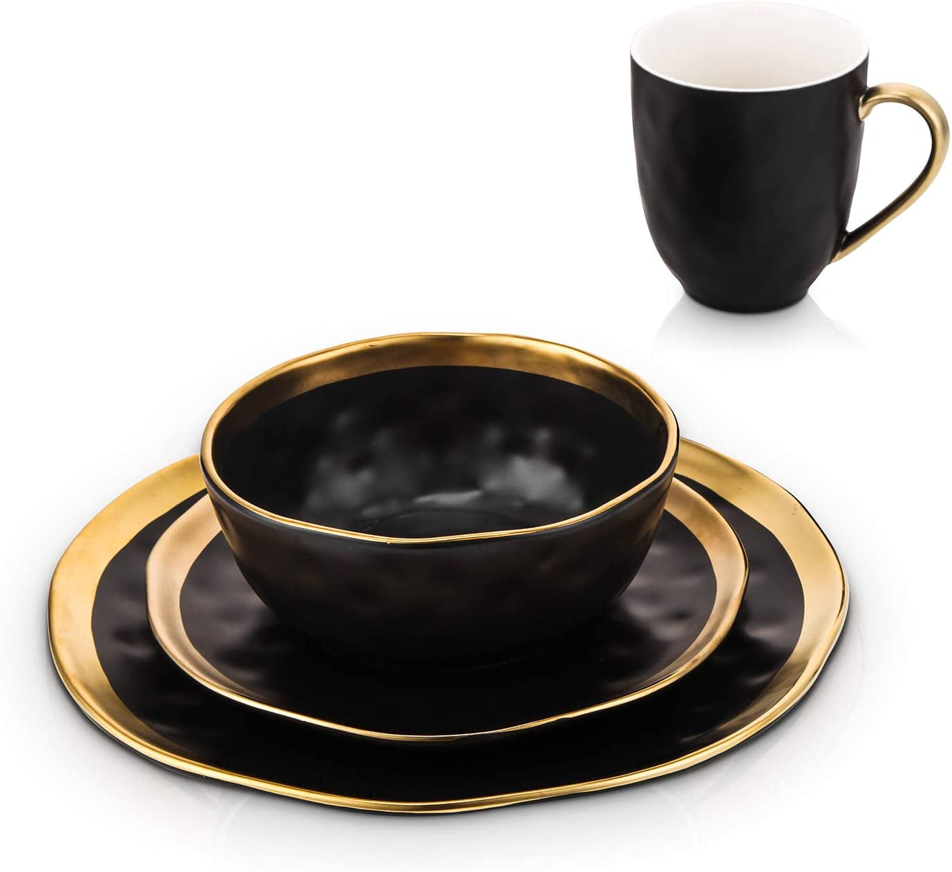 Stone Lain Florian Contemporary 16-Piece Porcelain Dinnerware Set with Black and Gold Rim for Four