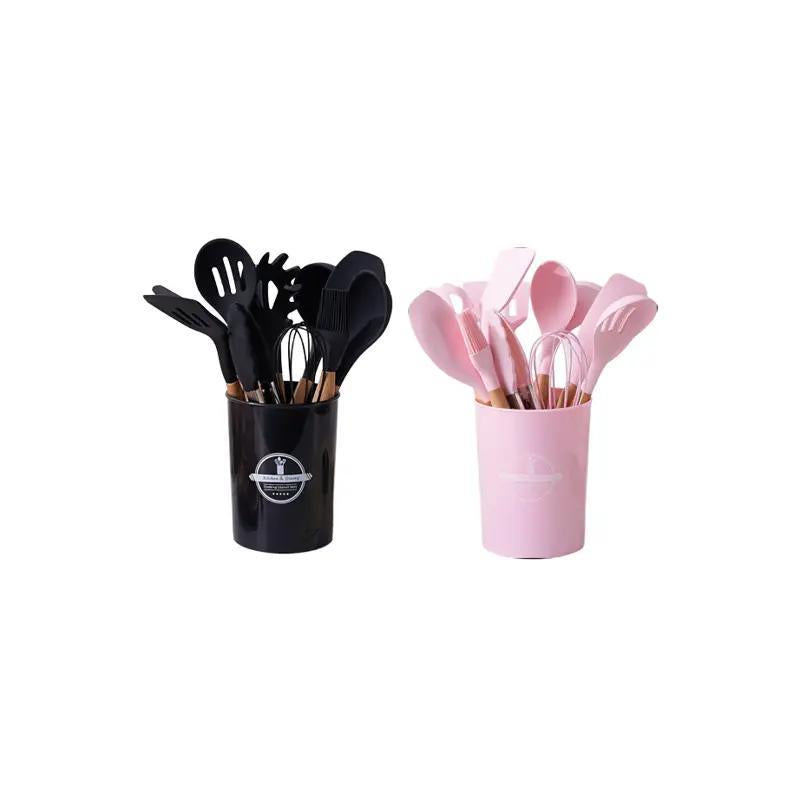 Silicone Kitchen Cooking Utensils Set, 12Pcs/Set Heat Resistant, Tongs, Spatula, Spoon, Brush, Whisk, Wooden Handle Kitchen Gadgets with Holder