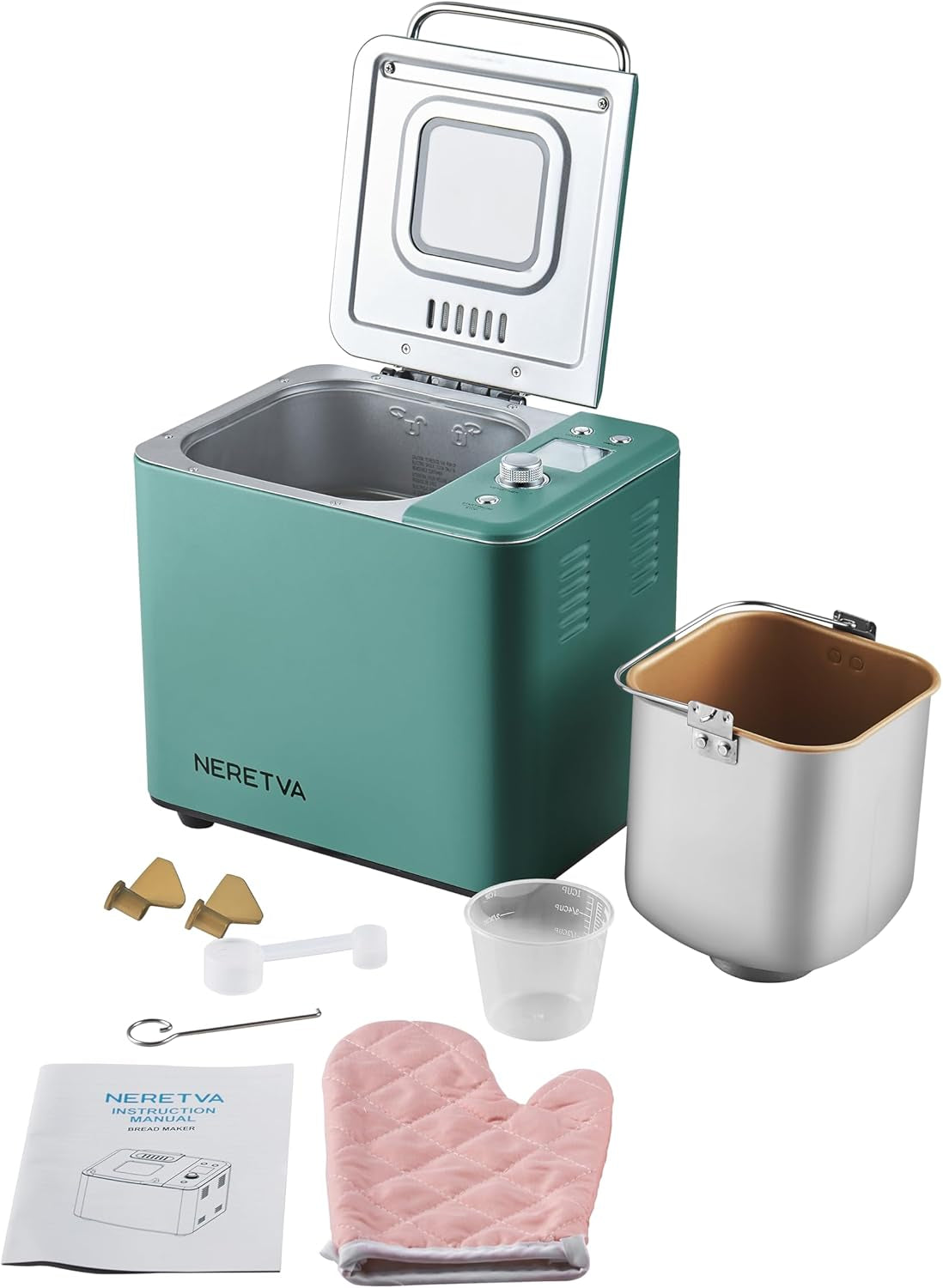 Neretva 20-in-1 Professional Bread Maker with Dual Heater, 2LB Capacity, All-Metal Nonstick Ceramic Pan, Compact Design for Gluten-Free Baking, Dough Preparation, Dried Meat Floss, Jam, and Yogurt - Green