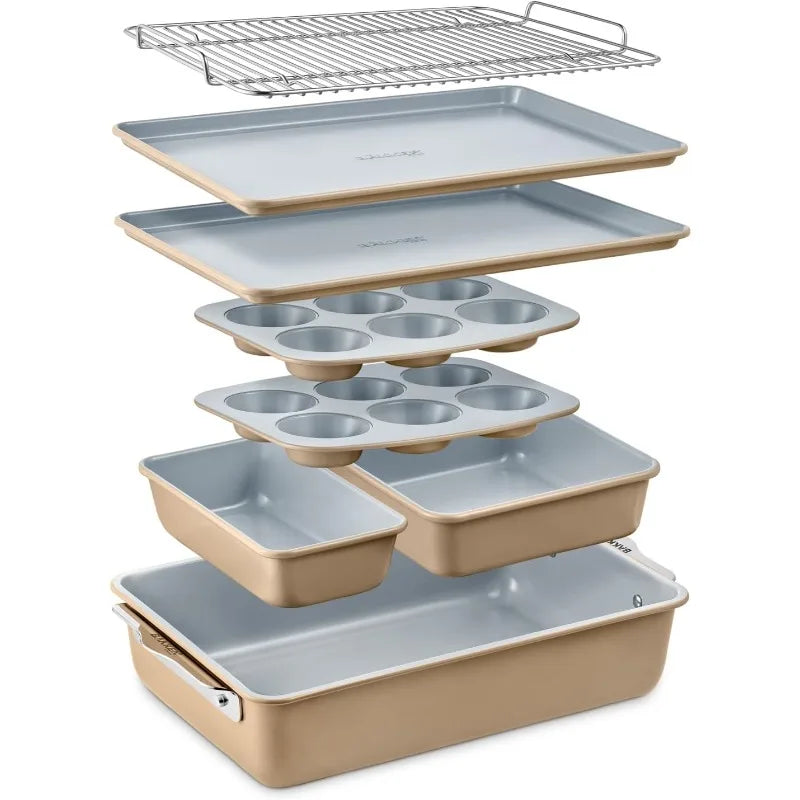 8-Piece Stackable Bakeware Set - Ceramic Non-Stick Coating, Baking Sheets, Assorted Baking Pans, PTFE, PFOA & PFOS Free
