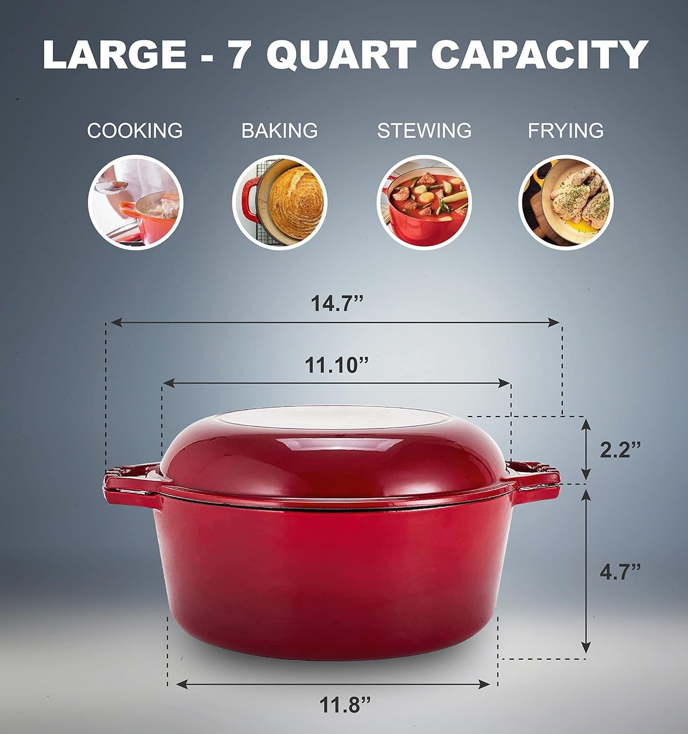 Bruntmor 2-in-1 Enamel Cast Iron Dutch Oven with Skillet Lid - 7 Quart Red Cookware for Casseroles and Braising