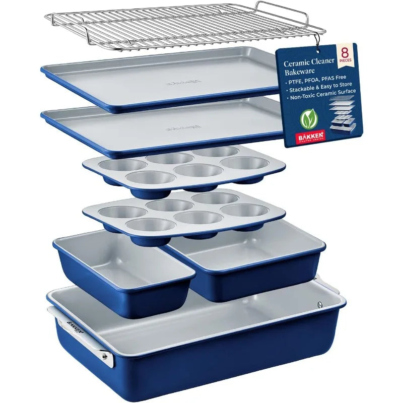 8-Piece Stackable Bakeware Set  Ceramic Non-Stick Coating, Baking Sheets, Assorted Baking Pans, PTFE, PFOA & PFOS