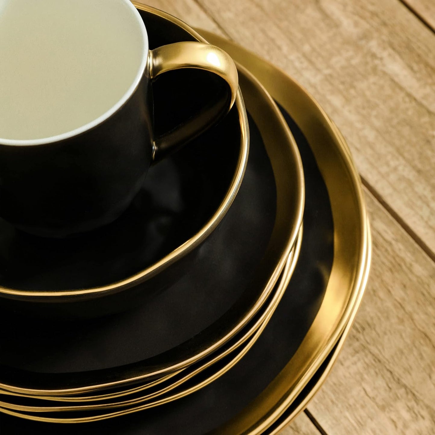 Stone Lain Florian Contemporary 16-Piece Porcelain Dinnerware Set with Black and Gold Rim for Four