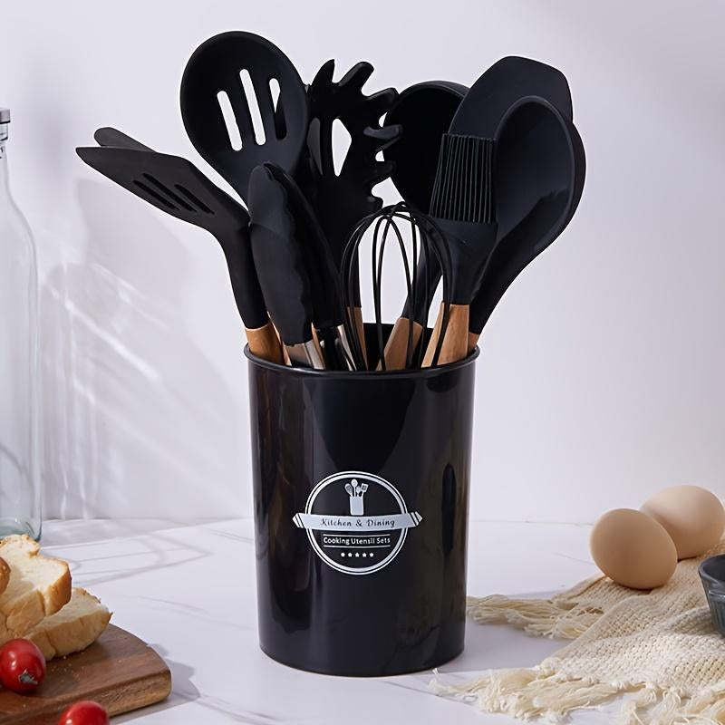 Silicone Kitchen Cooking Utensils Set, 12Pcs/Set Heat Resistant, Tongs, Spatula, Spoon, Brush, Whisk, Wooden Handle Kitchen Gadgets with Holder